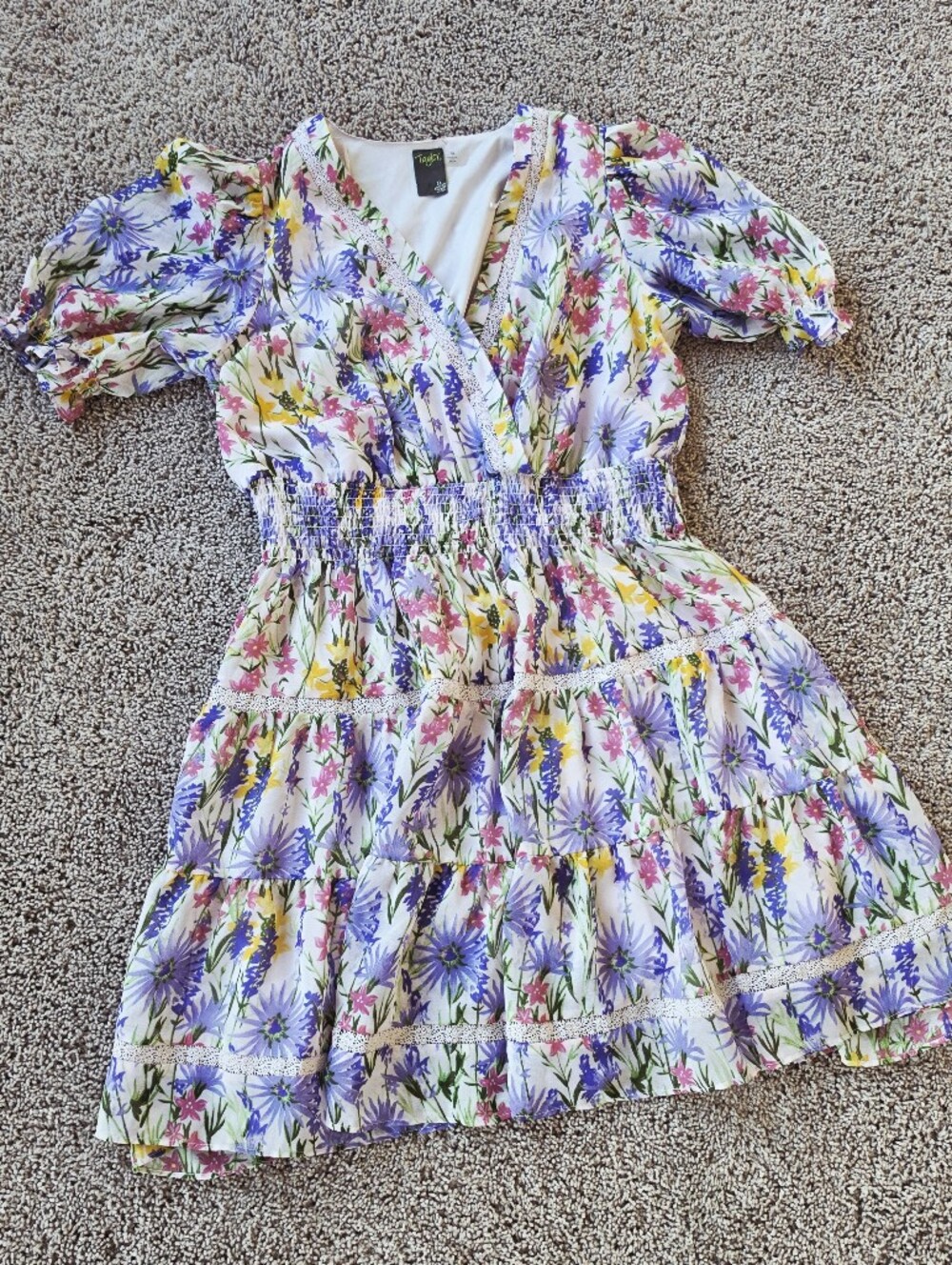 Floral Tiered Puff-Sleeve Dress in White with Purple & Yellow Blooms
